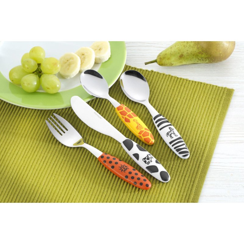 Esmeyer kinderbestek Safari, 4-delig, RVS 18/0, kleurrijke dierenmotieven