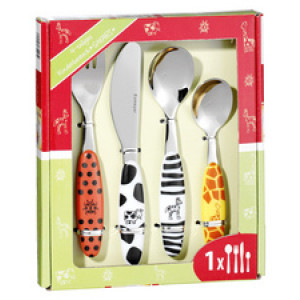 Esmeyer 4-delig kinderbestek Safari, RVS 18/0 met kleurrijke dierenmotieven