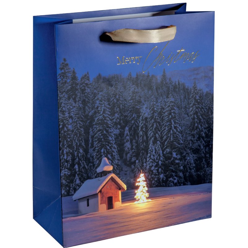 Sigel sac cadeau Chapelle de Noël, bleu, 260×120×330 mm, Merry Christmas