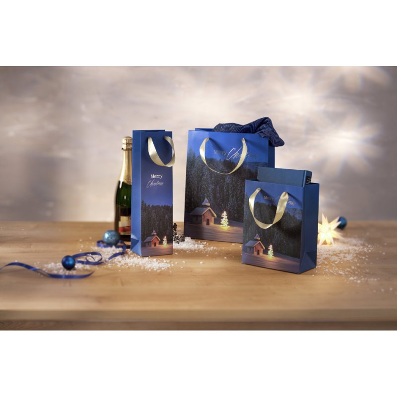 Sigel sac cadeau Chapelle de Noël, bleu, 260×120×330 mm, Merry Christmas