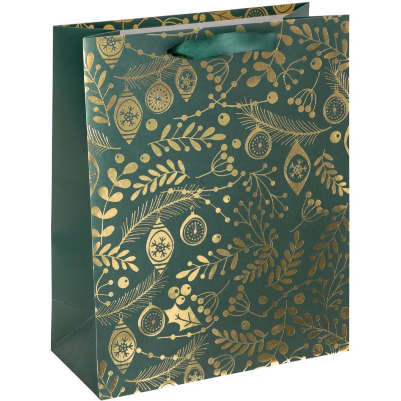 Sac cadeau de Noël 'Ornements dorés sur fond vert'