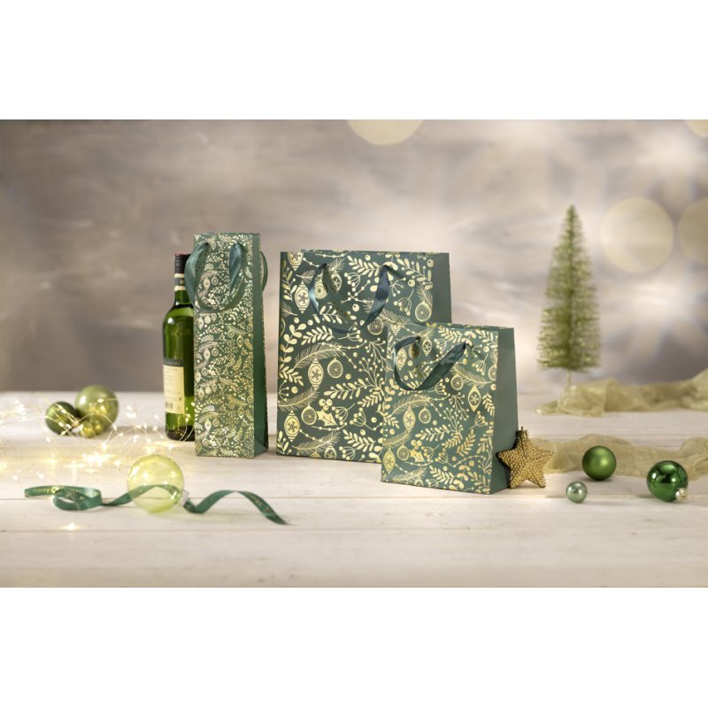 Sac cadeau de Noël 'Ornements dorés sur fond vert'