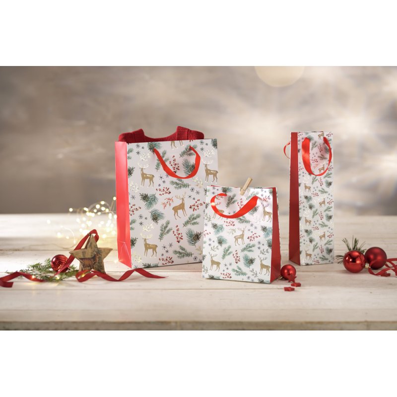 sigel Sachet cadeau Motifs Noël aquarelle, blanc/or/rouge, 26×12×33 cm
