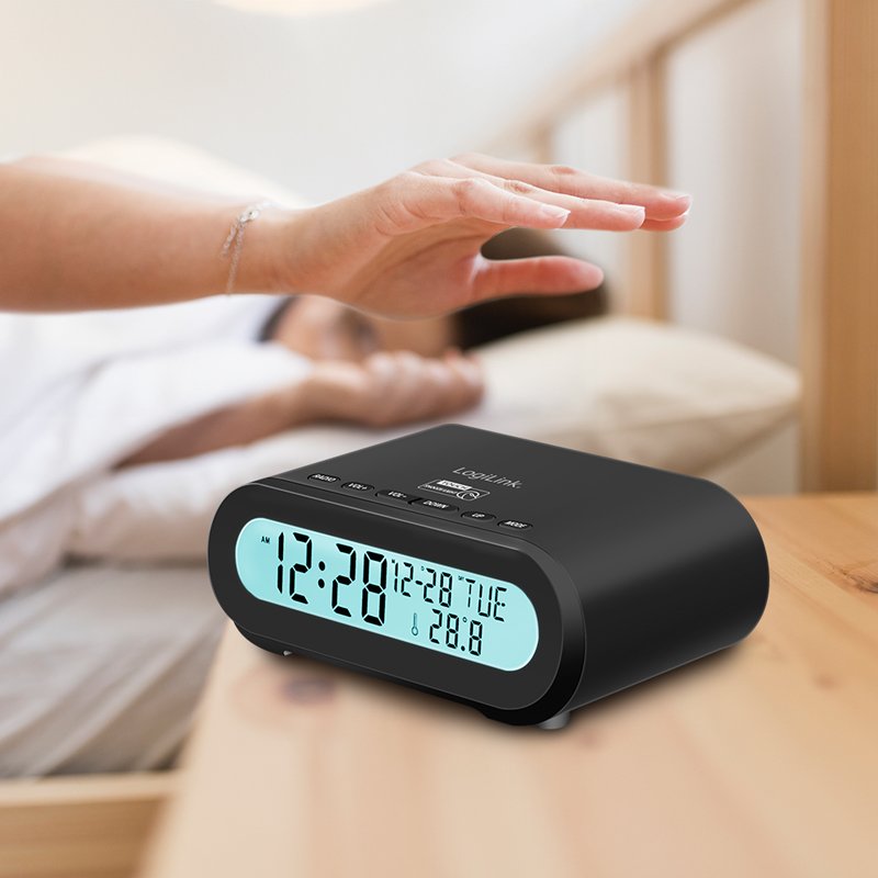LogiLink digital radio alarm clock with night light, white, FM radio, temperature & humidity