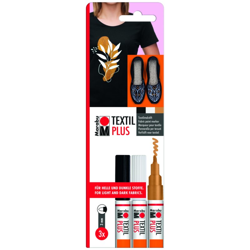 Marabu textile markers Textil Painter Plus, 3.0 mm, white/black/gold metallic, 3 pieces