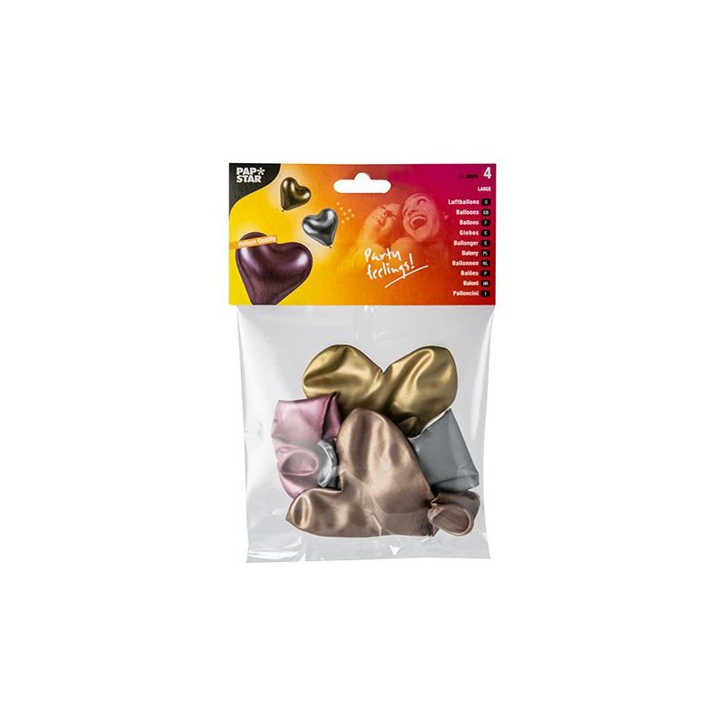 PAPSTAR balloons Glossy Heart, metallic shades assorted, 280 mm, 4 pieces