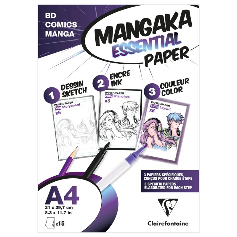 Clairefontaine manga tekenpapier A4, wit, 15 vel