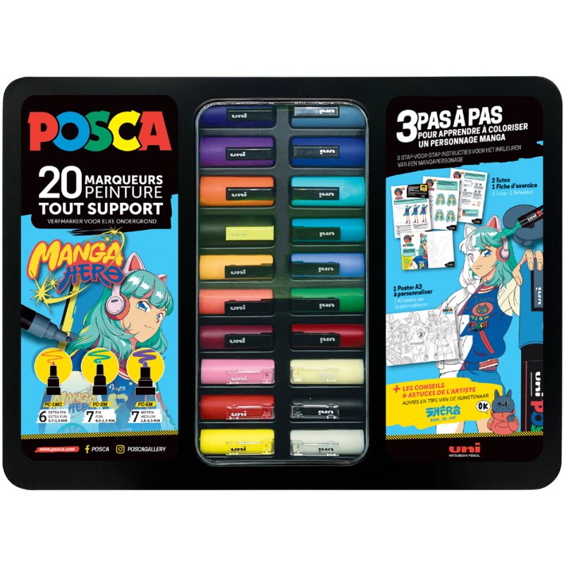 POSCA pigmentstiften MANGA HERO, set van 20, metalen doos