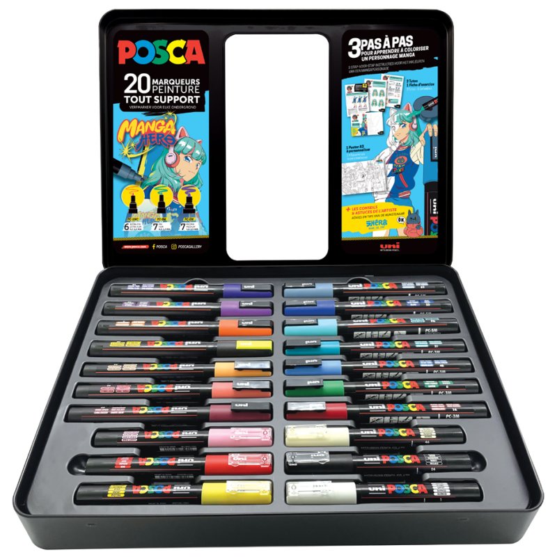 POSCA pigmentstiften MANGA HERO, set van 20, metalen doos
