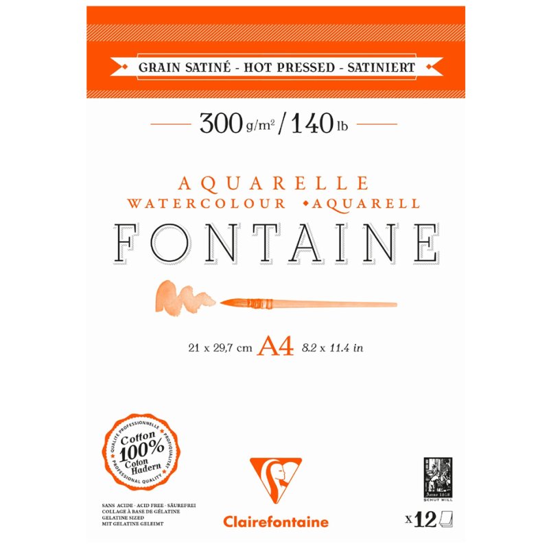 Clairefontaine papier à aquarelle bloc FONTAINE, A3, satiné, 300 g/m², 12 feuilles