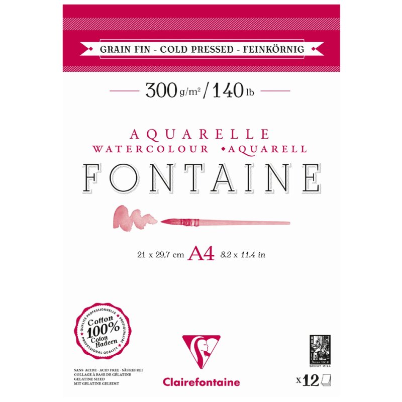Clairefontaine bloc aquarelle FONTAINE, grain fin, A3, 300 g/m², 12 feuilles