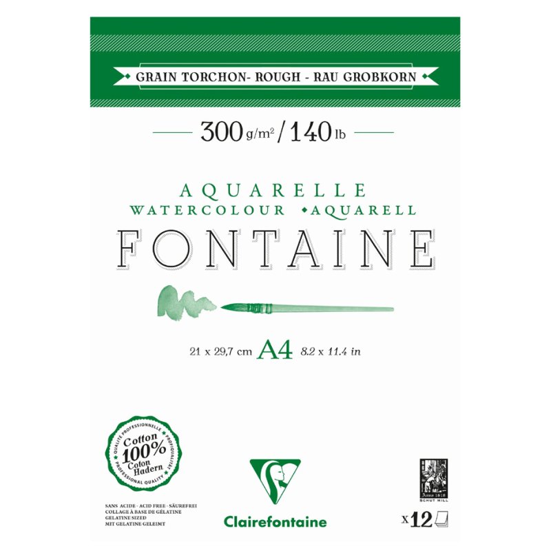 Clairefontaine bloc papier aquarelle FONTAINE, A4, rugueux, 300 g/m², 12 feuilles