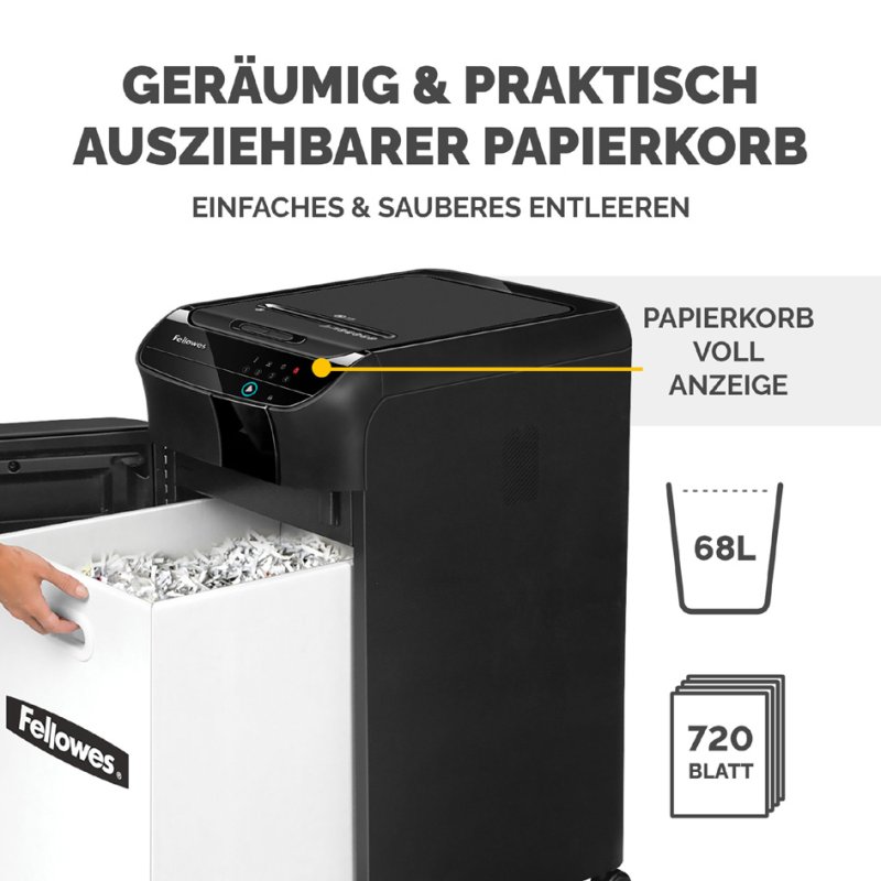 Fellowes déchiqueteuse AutoMax 450C, alimentation automatique, 450 feuilles, 68 litres