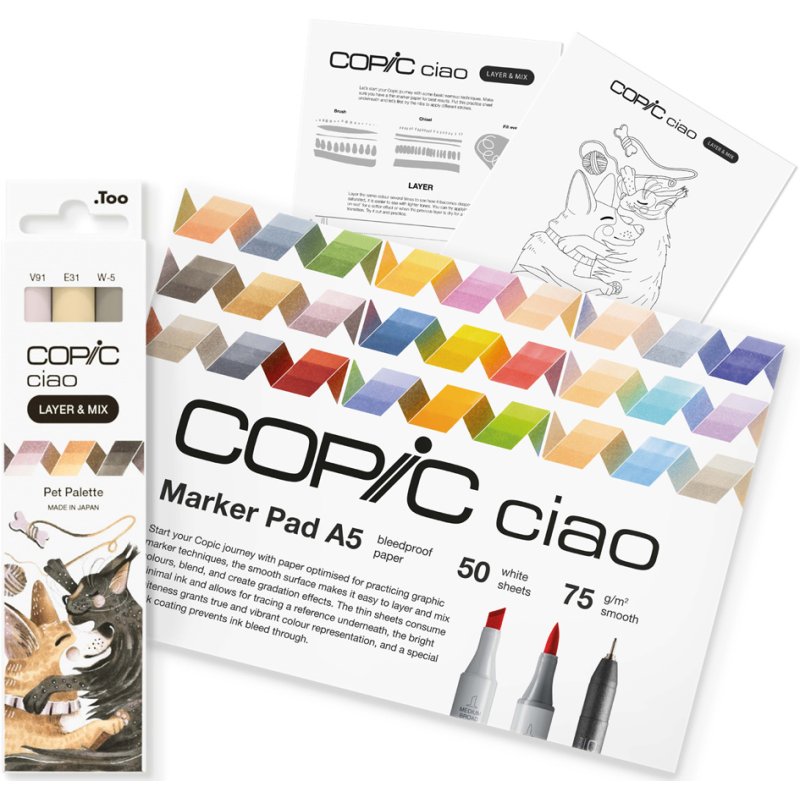 COPIC Ciao markers set de démarrage Layer & Mix Pets, 3 marqueurs, bloc de dessin A5