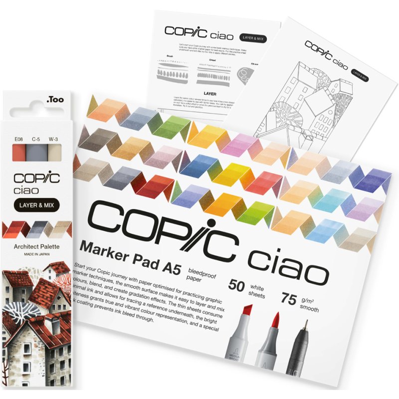 COPIC Ciao markers startersset Architect, grijstinten, 3 markers + papierblok A5