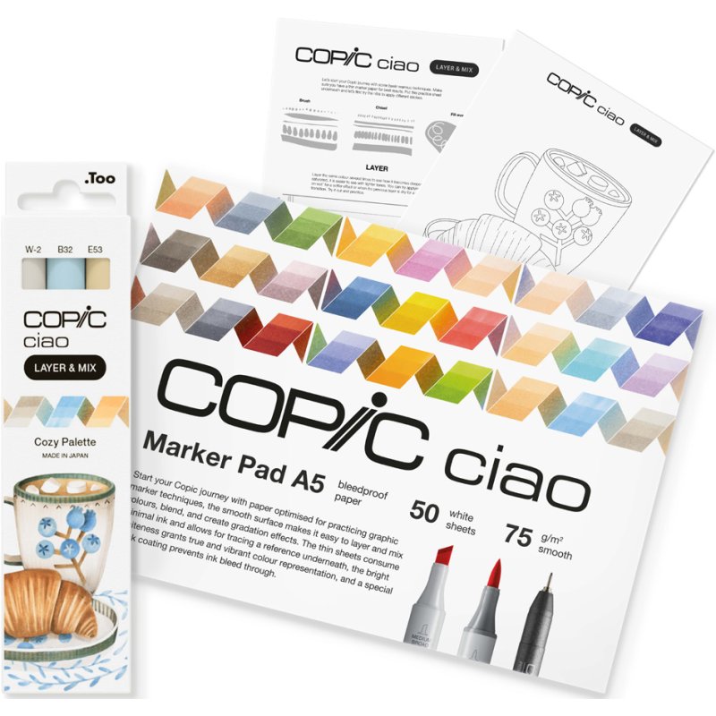 COPIC Marker ciao set de démarrage Cozy, 3 marqueurs, bloc papier A5