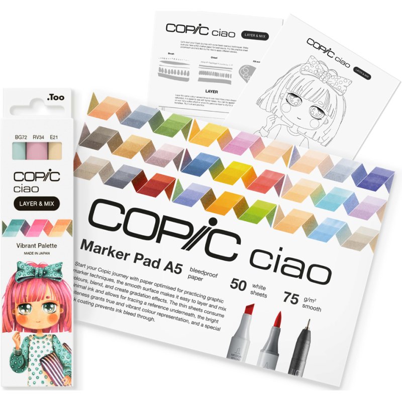 COPIC Ciao marqueurs Manga set débutant, 3 pièces, avec bloc papier A5