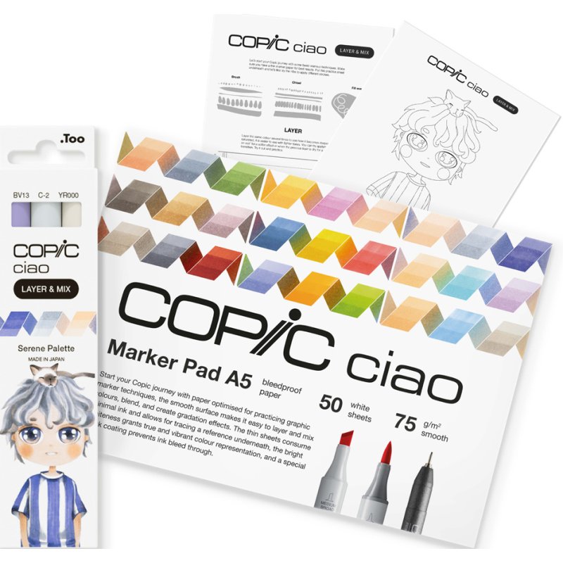 COPIC Ciao markers Manga Starter Set Serene, 3 stiften, papierblok A5