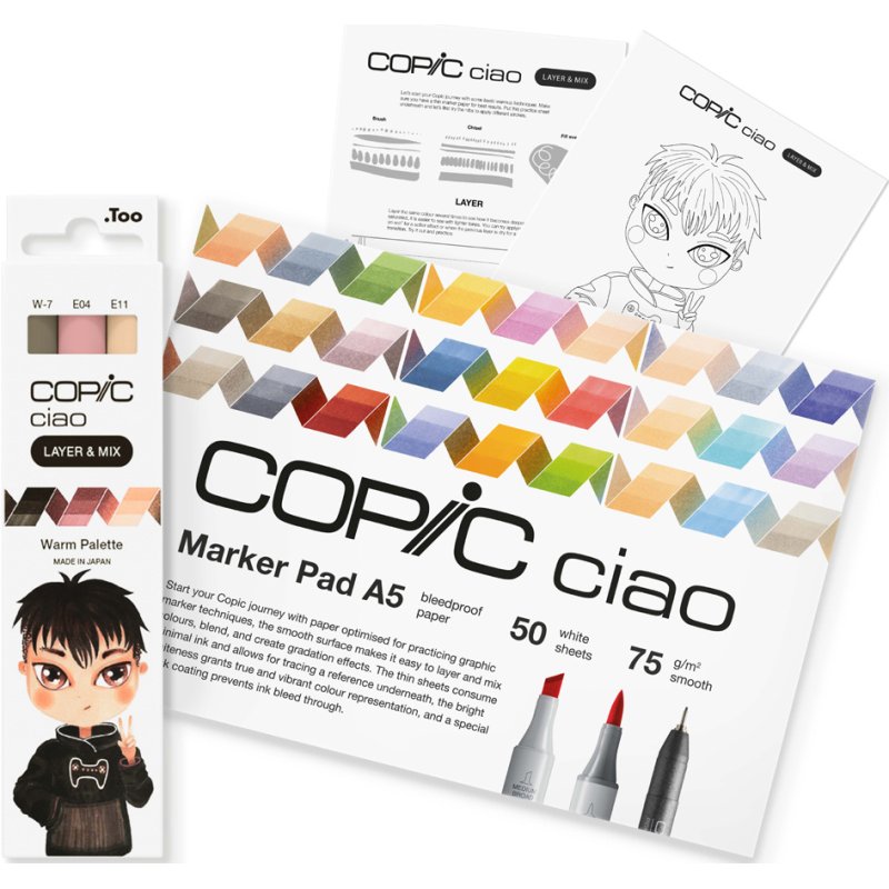 COPIC markers ciao LAYER & MIX manga set de démarrage, chaud, 3 marqueurs, bloc papier A5