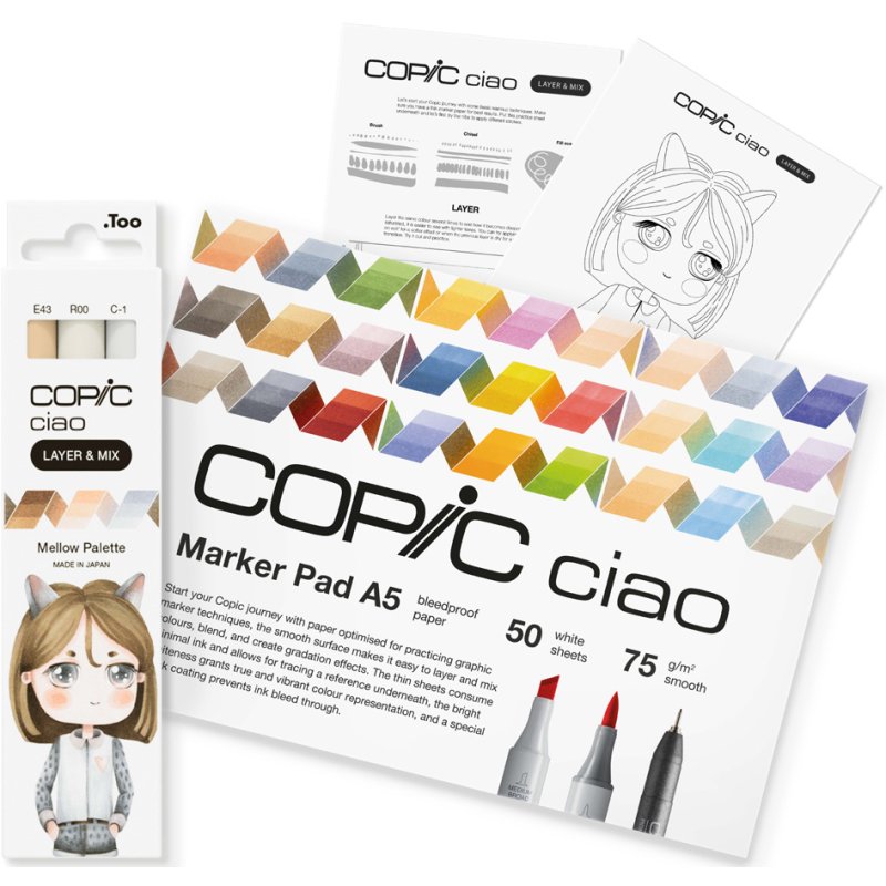 COPIC Ciao markers starterset Layer & Mix Manga Mellow, 3 markers, tekenblok A5