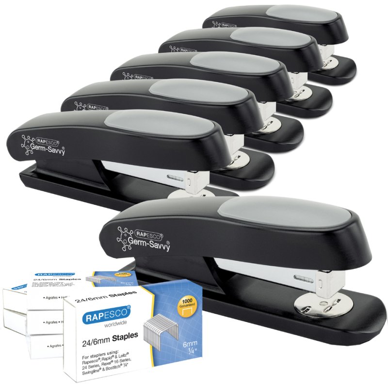 RAPESCO Sting Ray stapler & business staples pack, antibacterial, black, 6 pieces