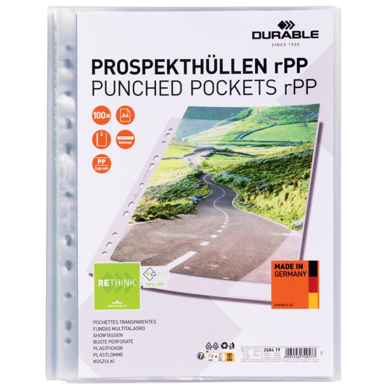 DURABLE pochette de rangement A4, PP recyclé transparent, 0,08 mm, 100 pièces