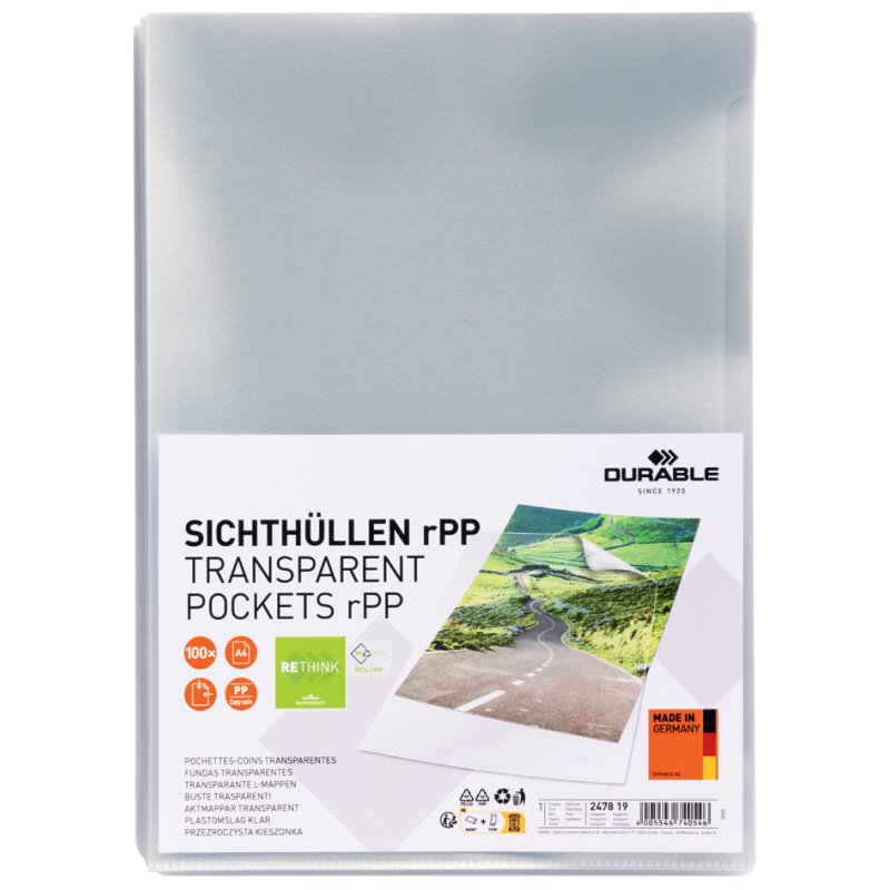 DURABLE pochettes de classement standard A4, PP recyclé, transparent, 100 pièces