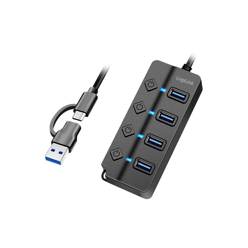 LogiLink Hub USB 3.2, 4 ports, interrupteur marche/arrêt, noir
