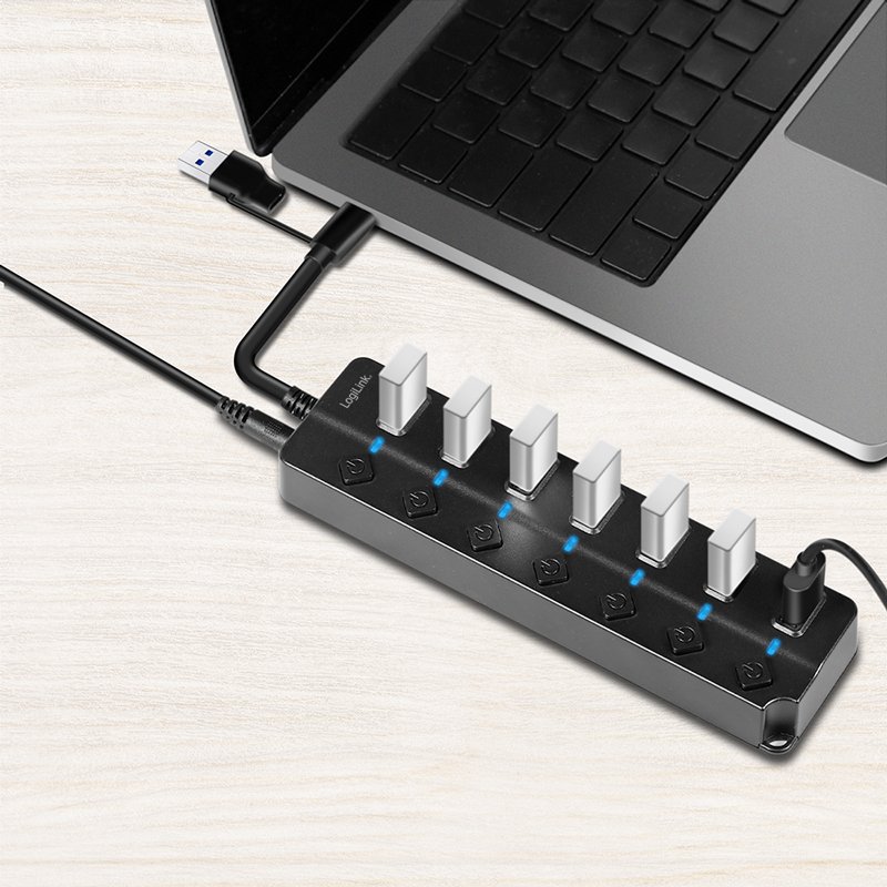 LogiLink Hub USB 3.2 7 ports, interrupteurs marche/arrêt, noir