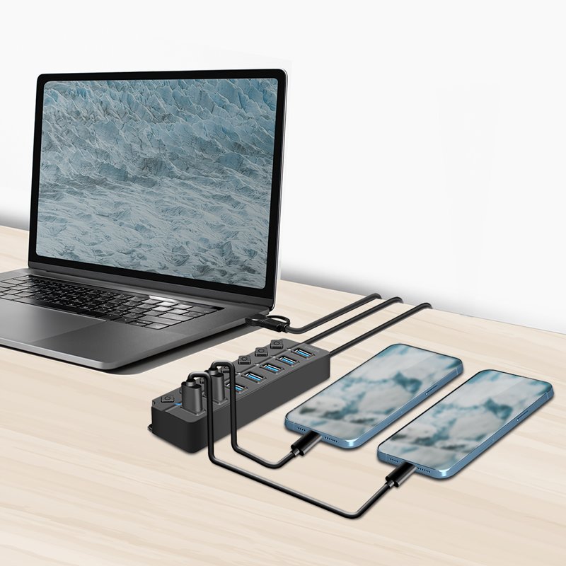 LogiLink Hub USB 3.2 7 ports, interrupteurs marche/arrêt, noir