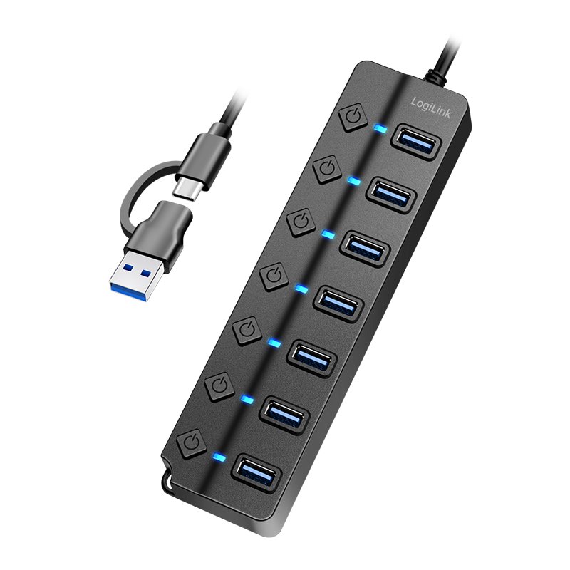 LogiLink Hub USB 3.2 7 ports, interrupteurs marche/arrêt, noir