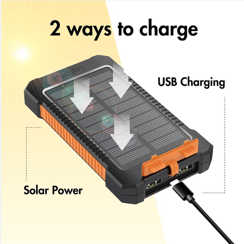 LogiLink power bank with solar panel, 6,000 mAh, black/orange, IP65