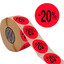 METO promotieetiketten '-20%', rond, fluor rood, 40 mm