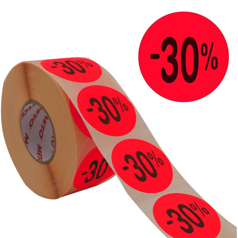 METO étiquettes promotionnelles '-30%', rond, rouge fluorescent, 40 mm