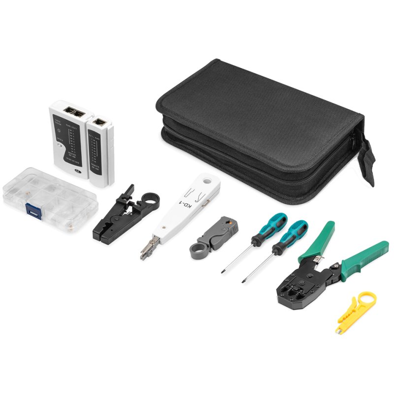 DIGITUS kit d'outils réseau, 12 pièces, sac nylon noir, testeur et pince à sertir
