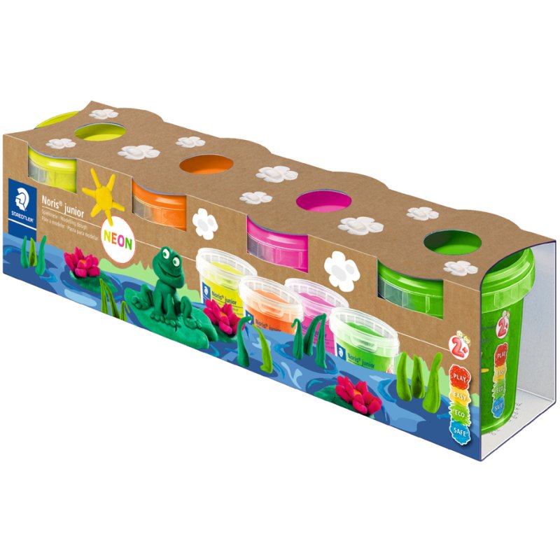 STAEDTLER Noris Junior modelling clay set, 4 basic colours, resealable pots, 4×130 g