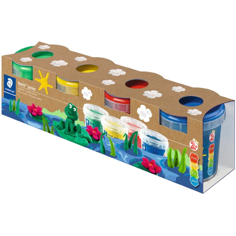 STAEDTLER Noris Junior modelling clay set, 4 basic colours, resealable pots, 4×130 g