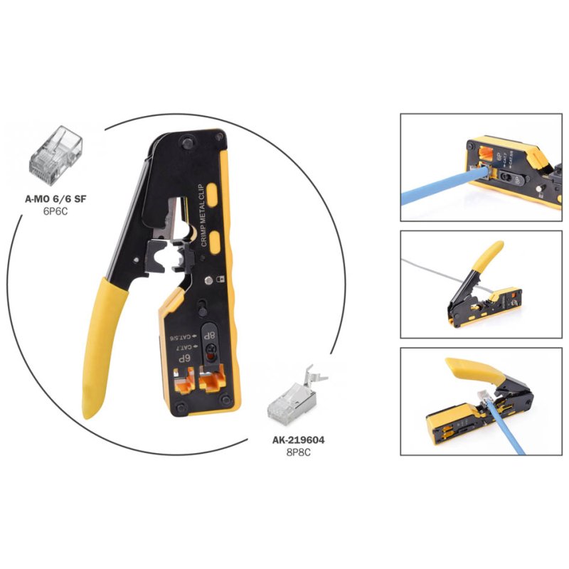 DIGITUS multi-modular crimping tool pass-through, modular and coax connectors, 6P/8P/Cat.6