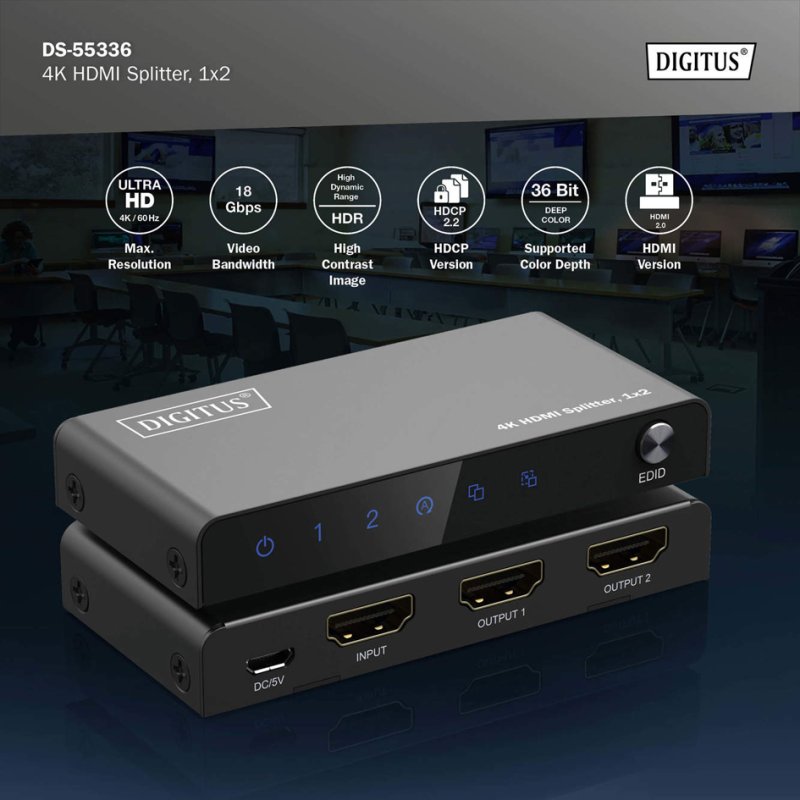 DIGITUS 4K HDMI splitter 1×2, 4K/60Hz, zwart