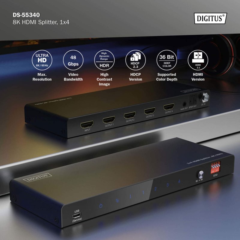 DIGITUS Répartiteur HDMI 8K 1x4, 8K/60Hz, noir