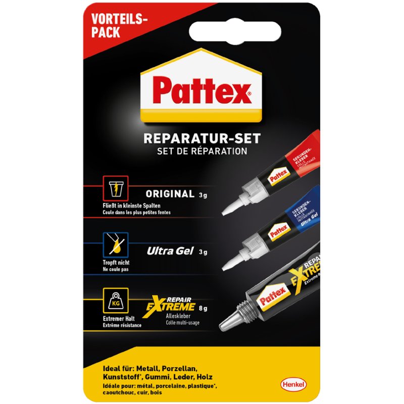 Pattex reparatieset, 3-delig, sekundenlijm en gel