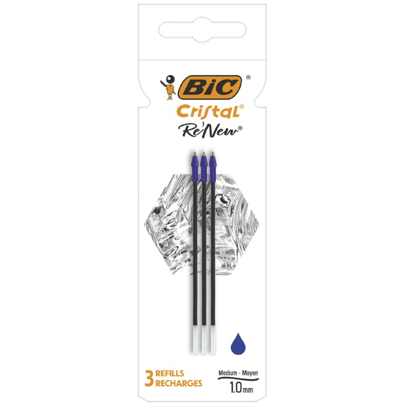 BIC Cristal RE'NEW ballpoint pen refills, black, 0.32 mm, 3 pieces
