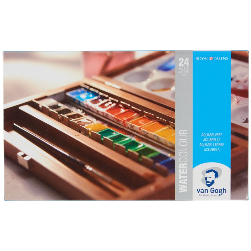 Royal Talens Van Gogh watercolour set, wooden box, 24 half pans with brushes
