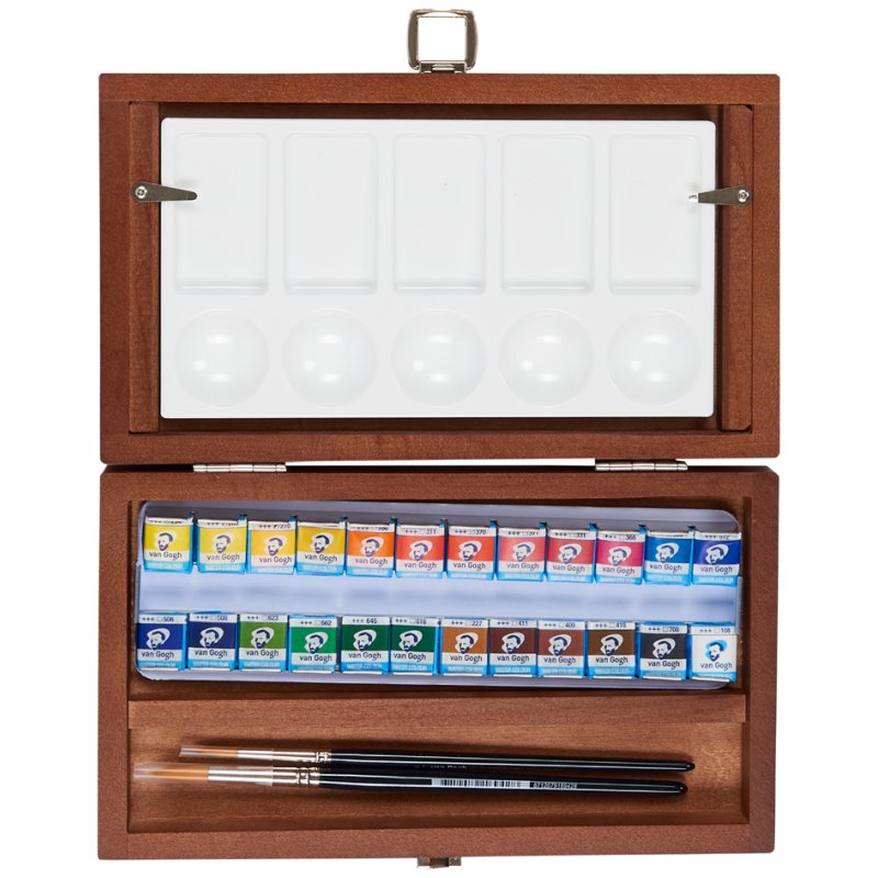 Royal Talens Van Gogh watercolour set, wooden box, 24 half pans with brushes
