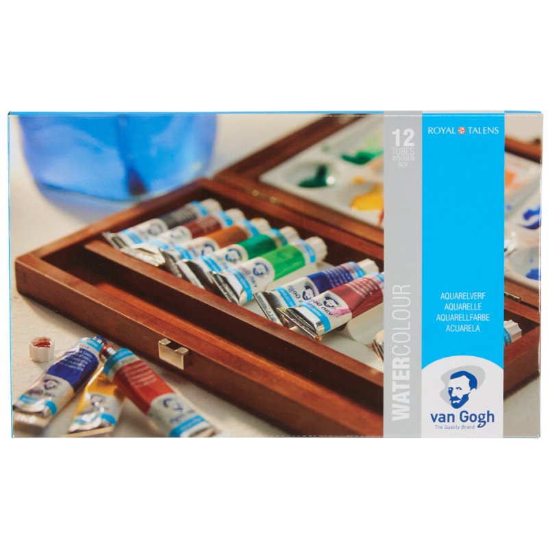 Royal Talens Van Gogh watercolour paint set, 12 tubes 10 ml, brushes, wooden box