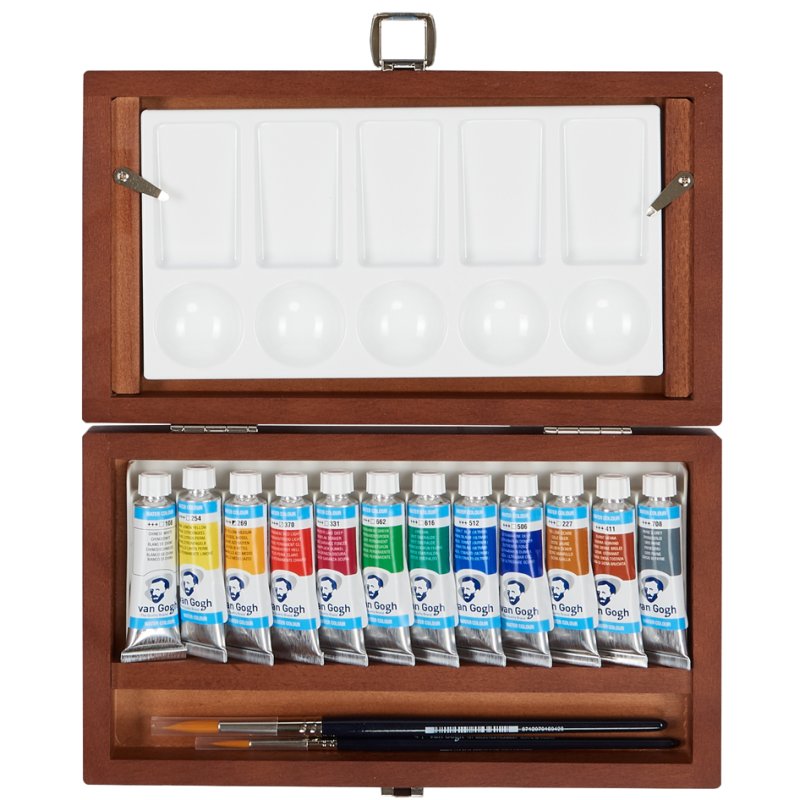 Royal Talens Van Gogh watercolour paint set, 12 tubes 10 ml, brushes, wooden box