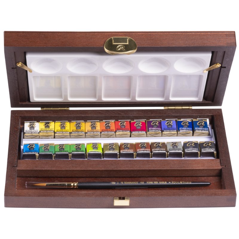 Royal Talens Rembrandt peinture aquarelle set, 24 godets, boîte bois, avec palette et pinceau