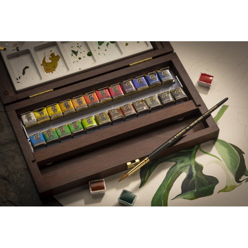 Royal Talens Rembrandt peinture aquarelle set, 24 godets, boîte bois, avec palette et pinceau