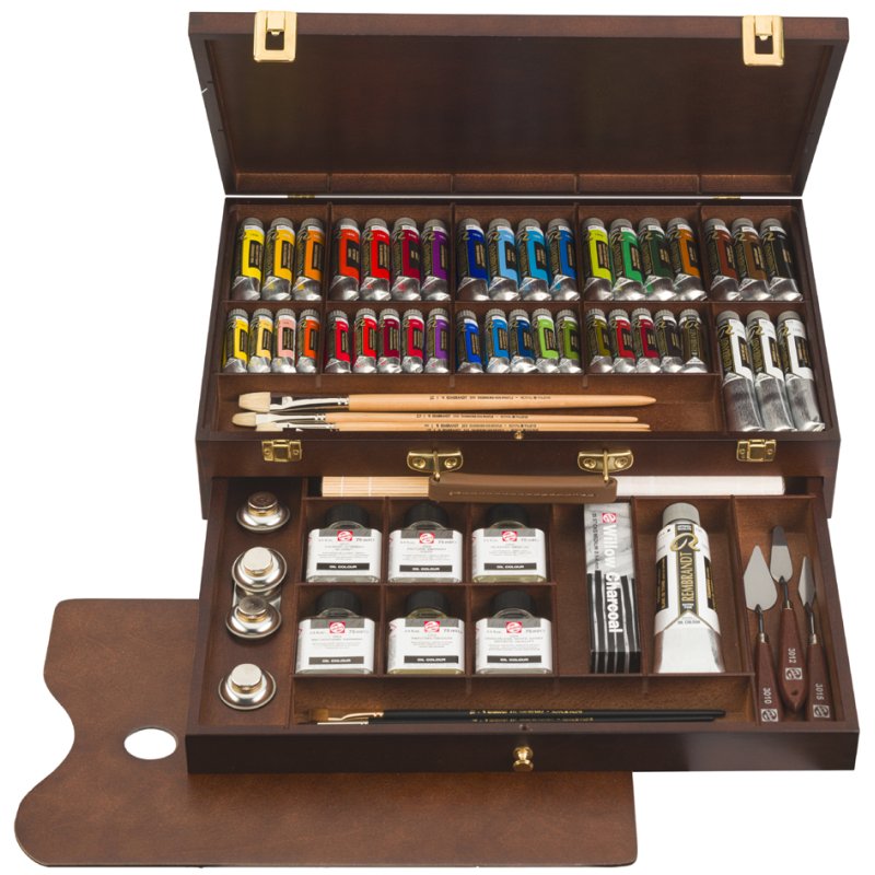 Royal Talens Rembrandt olieverf set excellent box, 41 tubes, 10 penselen, houten kist
