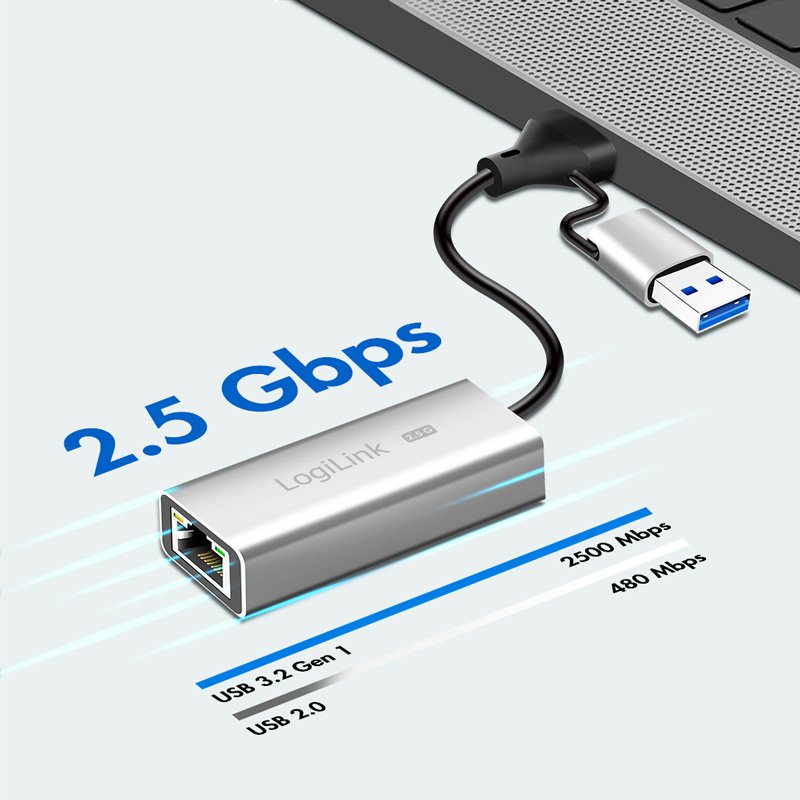 LogiLink USB to RJ45 ethernet network adapter, grey, 2-in-1 plug, 2500 Mbit/s